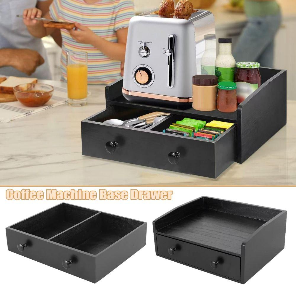 Base per Macchina del Caffè in Legno Cassetto Salvaspazio Piedini in Gomma Antiscivolo Organizer per Bancone e Mobiletto Nero Organizza Scomparto nero
