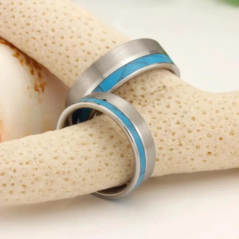 8mm Men Silver Color Stainless Steel Ring Blue Turquoise Stone Inlaid Polished Flat Ring For Men Wedding Band Jewelry