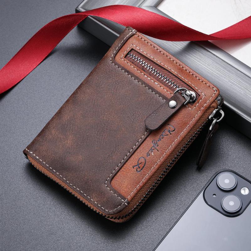 Trendy Luxury Men's Wallet Designer Male Short Zipper Leather 3 Fold Money Clip Card Holder High Quality Retro Coin Purse