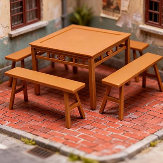 1 Set Miniature Dining Table Bench Vintage Mini Square Table Long Bench Model Toy DIY 1/12 Dollhouse Furniture Decoration Accessories