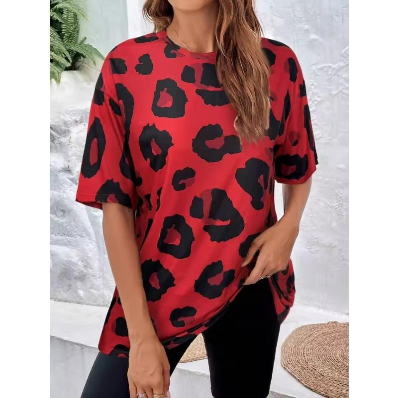 

Летняя Модная Футболка с Леопардовым Принтом Оверсайз с Круглым Вырезом Женская Базовая Футболка с Коротким Рукавом Мужская Футболка Топы L
