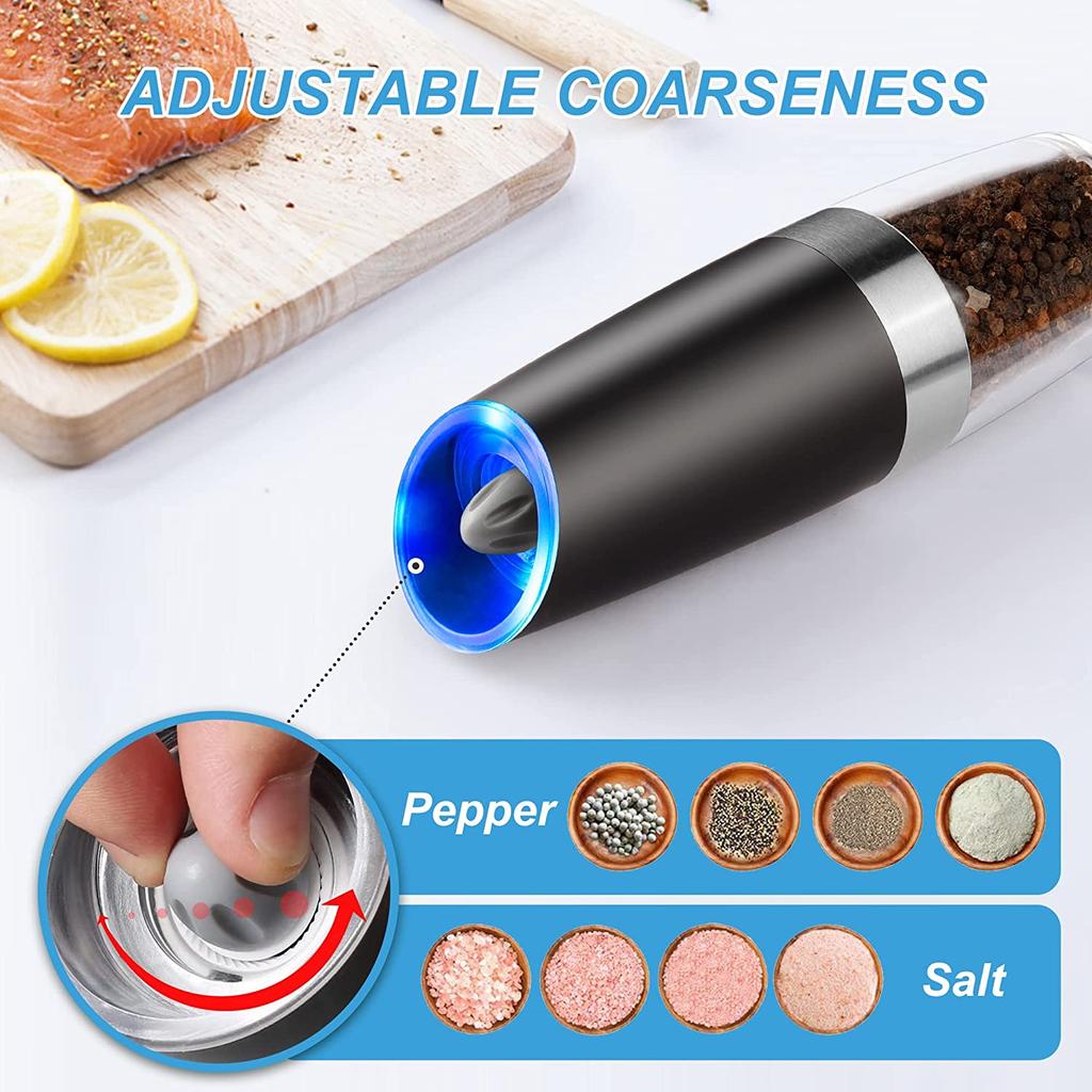 2 Pcs Stainless Steel Gravity Electric Pepper and Salt Grinder Set Adjustable Coarseness Battery Powered With LED Light