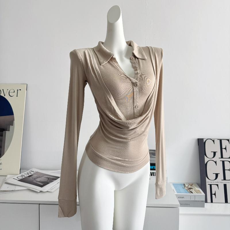 French Elegant Swing Collar Fake Two Piece Tops Women White Black Slim Fitting Long-sleeved T-shirt Korean Fashion Patchwork Casual Clothes