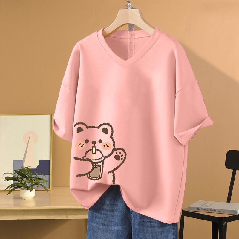 

Женская футболка с коротким рукавом, большого размера, свободная и стройнящая, топ с V-образным вырезом с принтом 5XL розовый