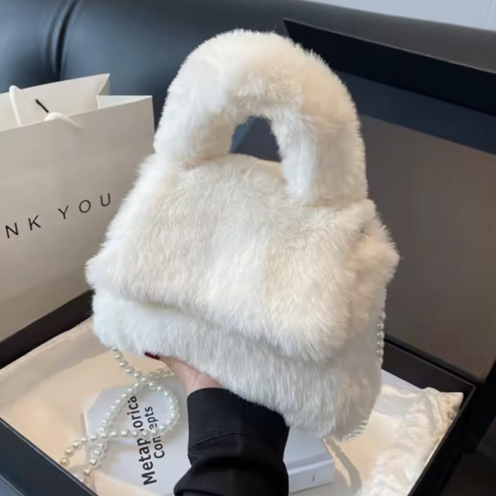 Fluffy faux fur handbag with pearl strap, white tote bag, elegant design, cute, perfect for women, weddings