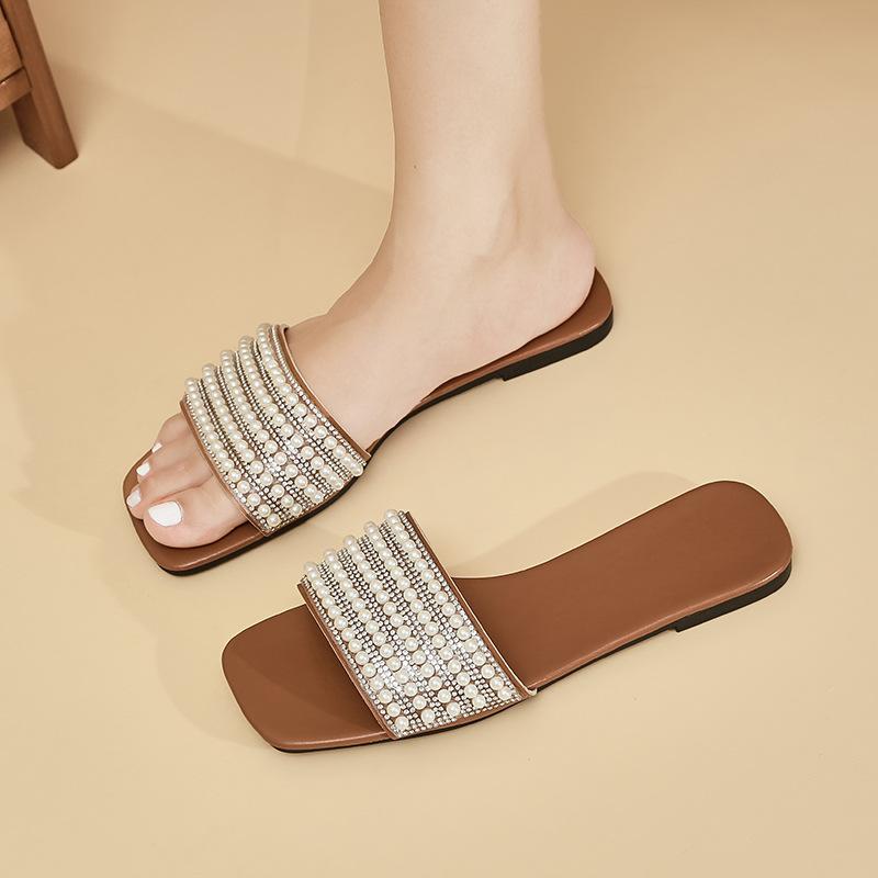 2025 summer new Korean version fashion square head flat bottom casual large size women's word with pearl cool slippers foreign trade