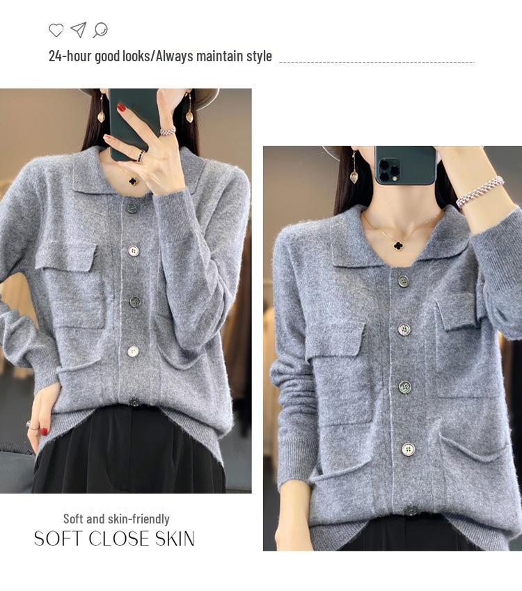 2023 Women's 100% Wool Lapel Cardigan: Year-Round Solid Color Cashmere Knit Sweater