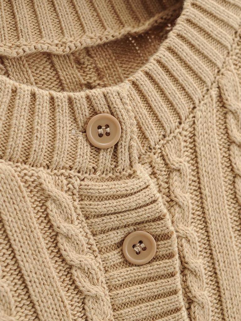 European & American Style Solid Color Cable Knit Cardigan - Round Neck, Single-Breasted, Long Sleeve Top for Women