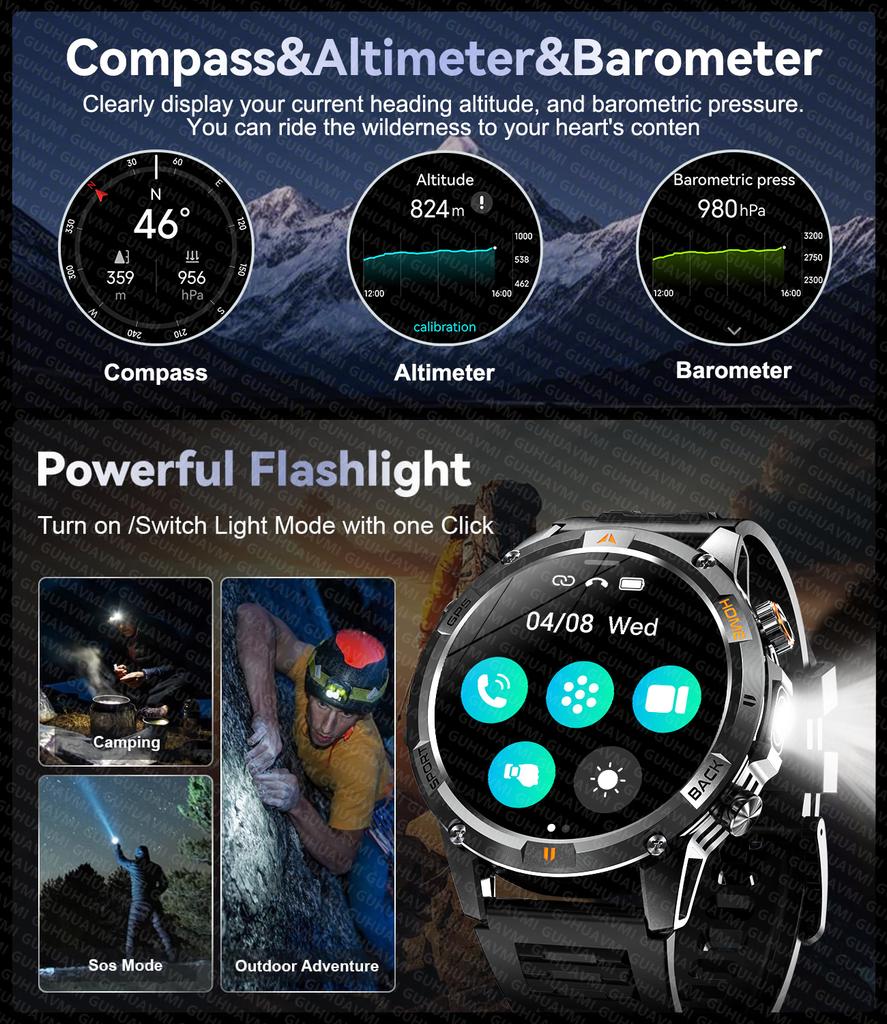 2026 New Adult Outdoor GPS Sport Smart Watch Altimeter Barometer 10ATM Waterproof 580mAh Battery Bluetooth Call Men AMOLED Smartwatch