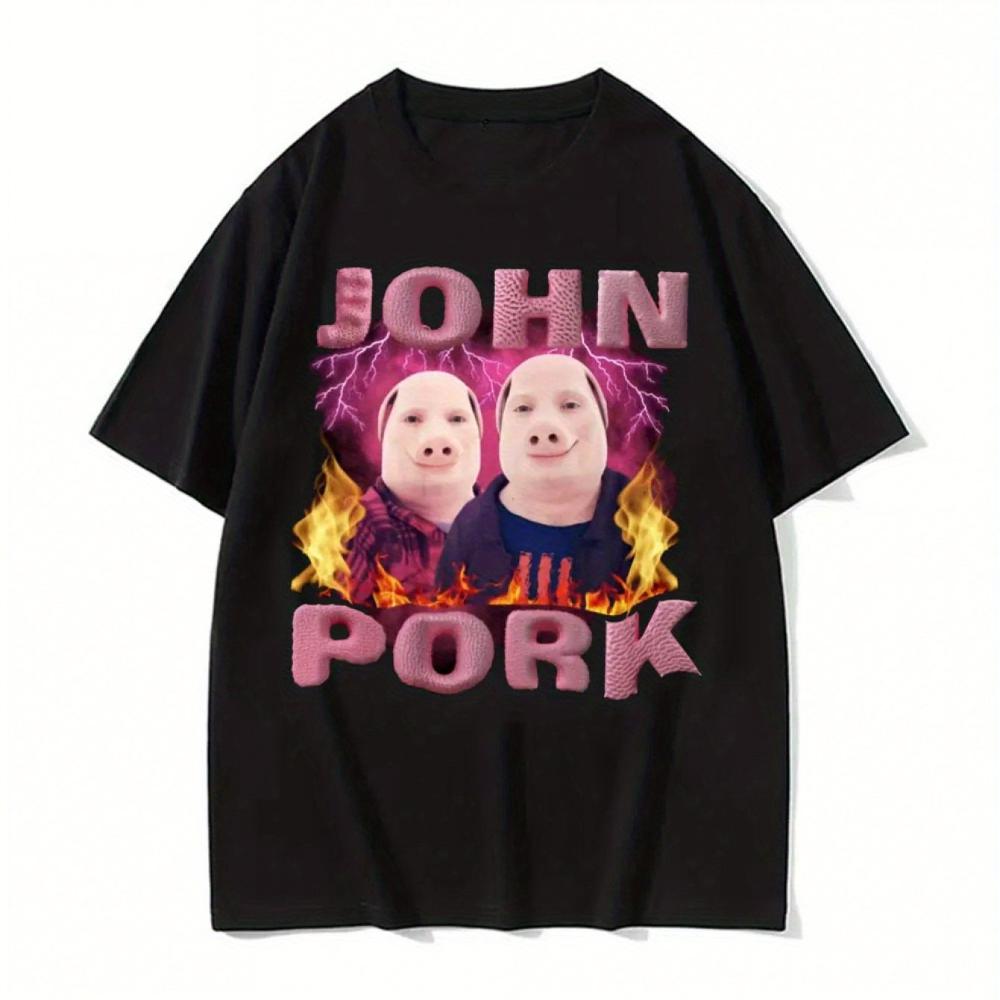 

Смешная футболка с графическим принтом мем-персонажа John Pork Pig для мужчин и женщин, юмористический дизайн с культовым лицом из мема, повседневная футболка с круглым вырезом S