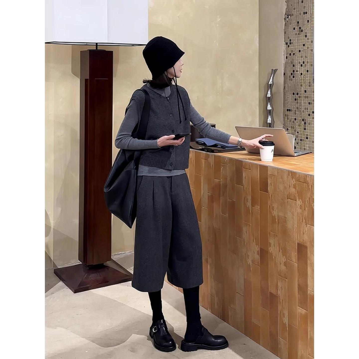 Plus Size Women s High Waist Wide-Leg Woolen Pants - Black-Gray, for Spring & Autumn 3XL