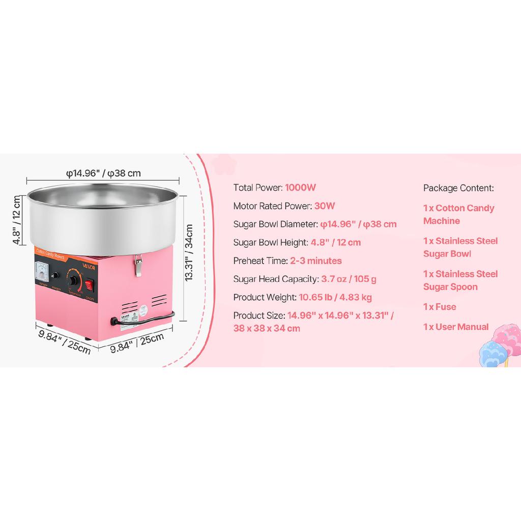 SucceBuy Cotton Candy Machine Commercial 1000W Electric Candy Floss Maker Easy Use with 15 Inch Stainless Steel Bowl for Kids
