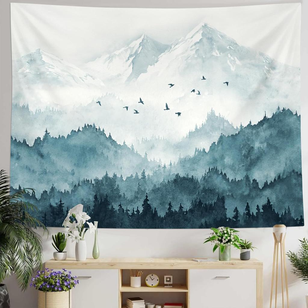 kampdream Mountain Forest Tapestry, Misty Foggy Teal Blue Tree Landscape Watercolor Art Wall Tapestries, Nature Scenery Tapestry