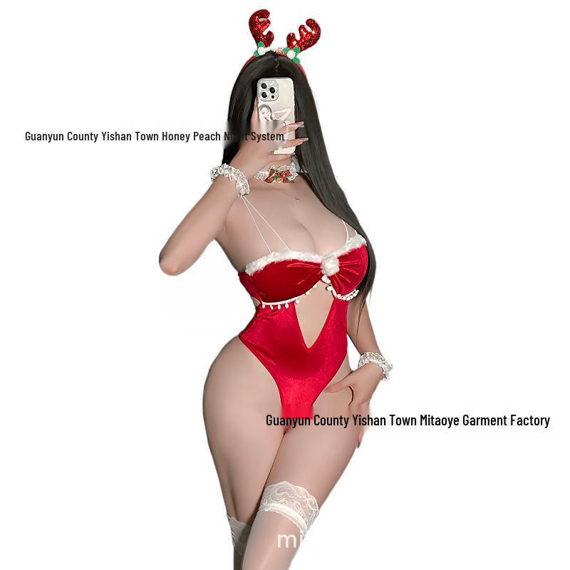 Tempting Red Fur Ball Reindeer Antlers Bodysuit for Christmas and New Year's