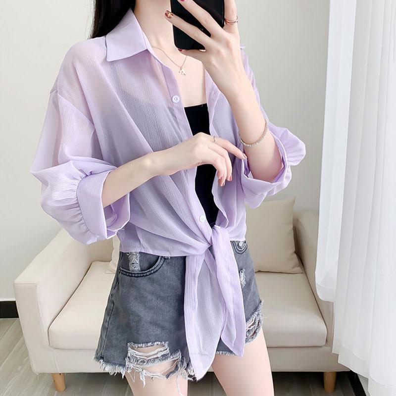 Chiffon Doll Sleeve Cardigan Women's Thin Sun Protection Shirt Short Outer Shawl Loose Top Thin Coat White Polo Collar Shirt