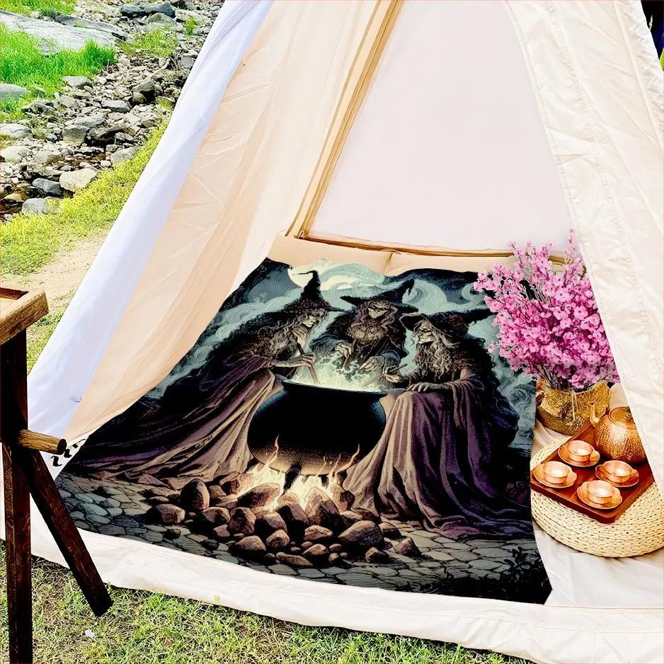 Three Witches Halloween Blanket Gothic Magic Design Dark Fantasy Art Soft Fleece Throw Home Decor Gift Idea Spooky Theme Cozy
