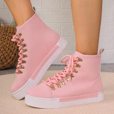 Modne Sneakersy Damskie High Top na Płaskiej Podeszwie Lekkie Sznurowane Buty Sportowe Kobieta Trend 2024 Różowe Skórzane Casualowe Sneakersy 36-43
