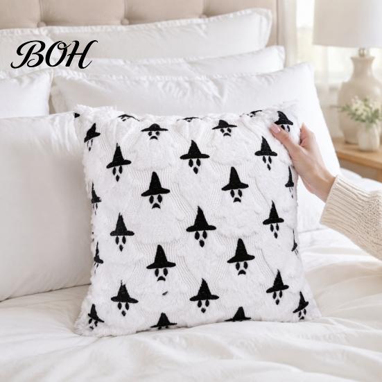 Removable Washable Cushion Shells Halloween Ghost Cover, Fuzzy Throw Pillow 18x18 Inch Versatile Square Covers Plush Case for Sofa Couch Home Holiday