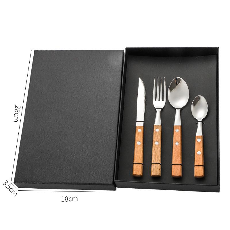 Four-Piece Cutlery Set: Stainless Steel Steak Knife, Fork, Spoon, with Rosewood Handles.