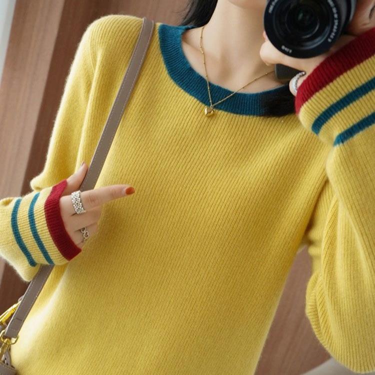 Round-neck Sweater Loose Korean-style Plus-size Pullover Fashionable Solid-color Loose Knitted Sweater Long-sleeved Top for Autumn and Winter