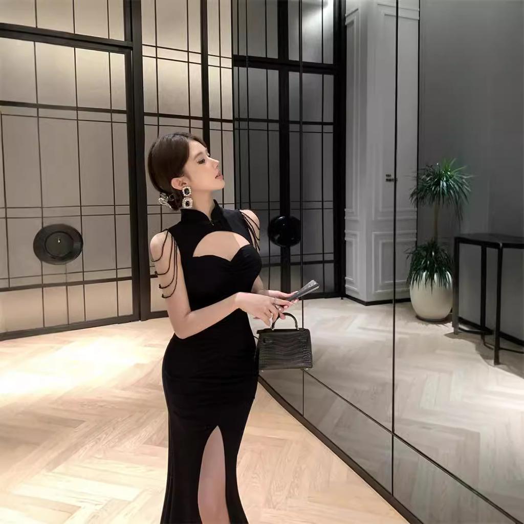 Women's sexy cheongsam dress new black tassel hollow deep v fishtail evening dress dress dress