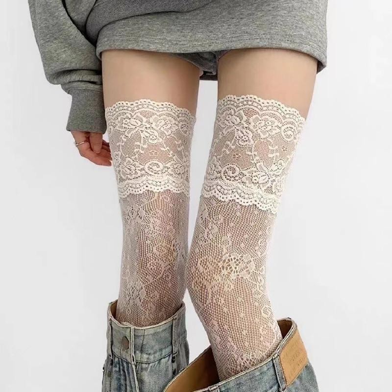 New Women Flower Lace Fishnet Thigh High Stockings Japanese Style JK Girl Sweet Lace Trim Frilly Over Knee Long Socks