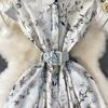 Sommer Damen Casual Kurzarm Umlegekragen Einreiher Lang Midi Print Partykleider mit Gürtel