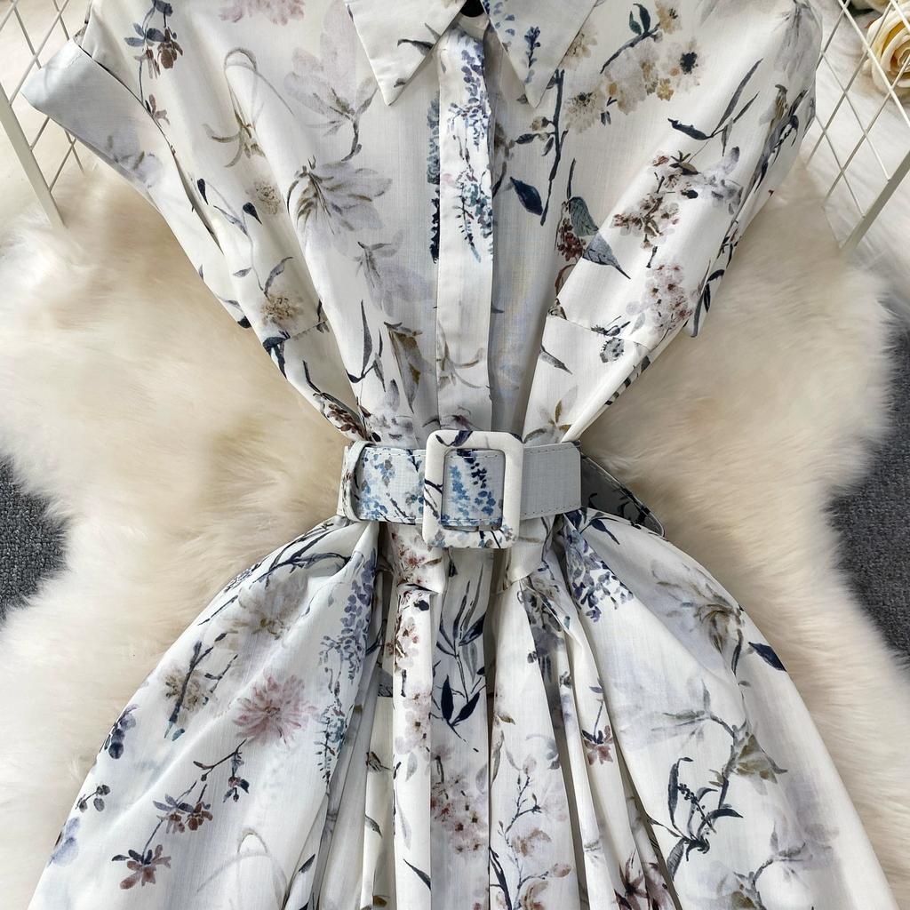 Sommer Damen Casual Kurzarm Umlegekragen Einreiher Lang Midi Print Partykleider mit Gürtel