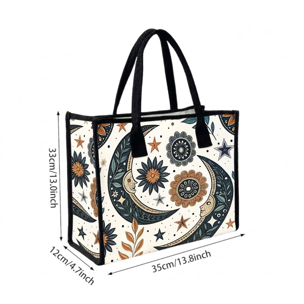 Boho Moon Floral Printed Canvas Tote Bag Casual Portable Shopping Handbag for Daily Use