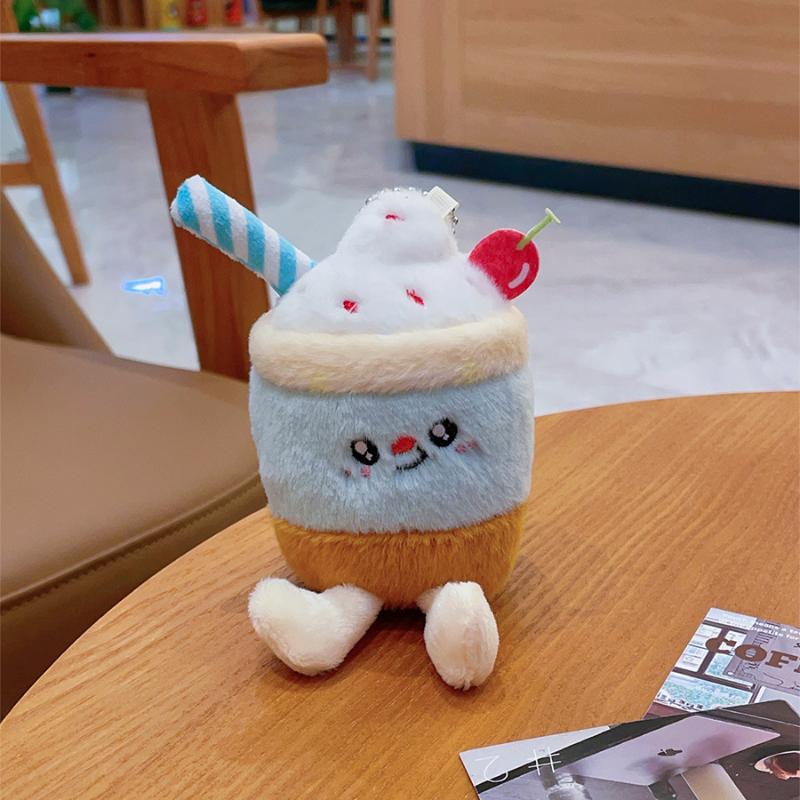Cute Cartoon Ice Cream Smoothie Cup Plush Keychain Kawaii Cartoon Stuffed Doll Pendant Key Ring Bag Backpack Decoration Gift