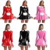 Womens Sweet Maid Cosplay Patent Leather Long Sleeve A Line Dress Satin Apron Tulle Underskirt Clubwear