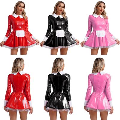 Rochie Cosplay Dulce de Menajeră pentru Femei din Piele Patent cu Mânecă Lungă Linie A Șorț din Satin Fustă de Jos din Tul Îmbrăcăminte de Club