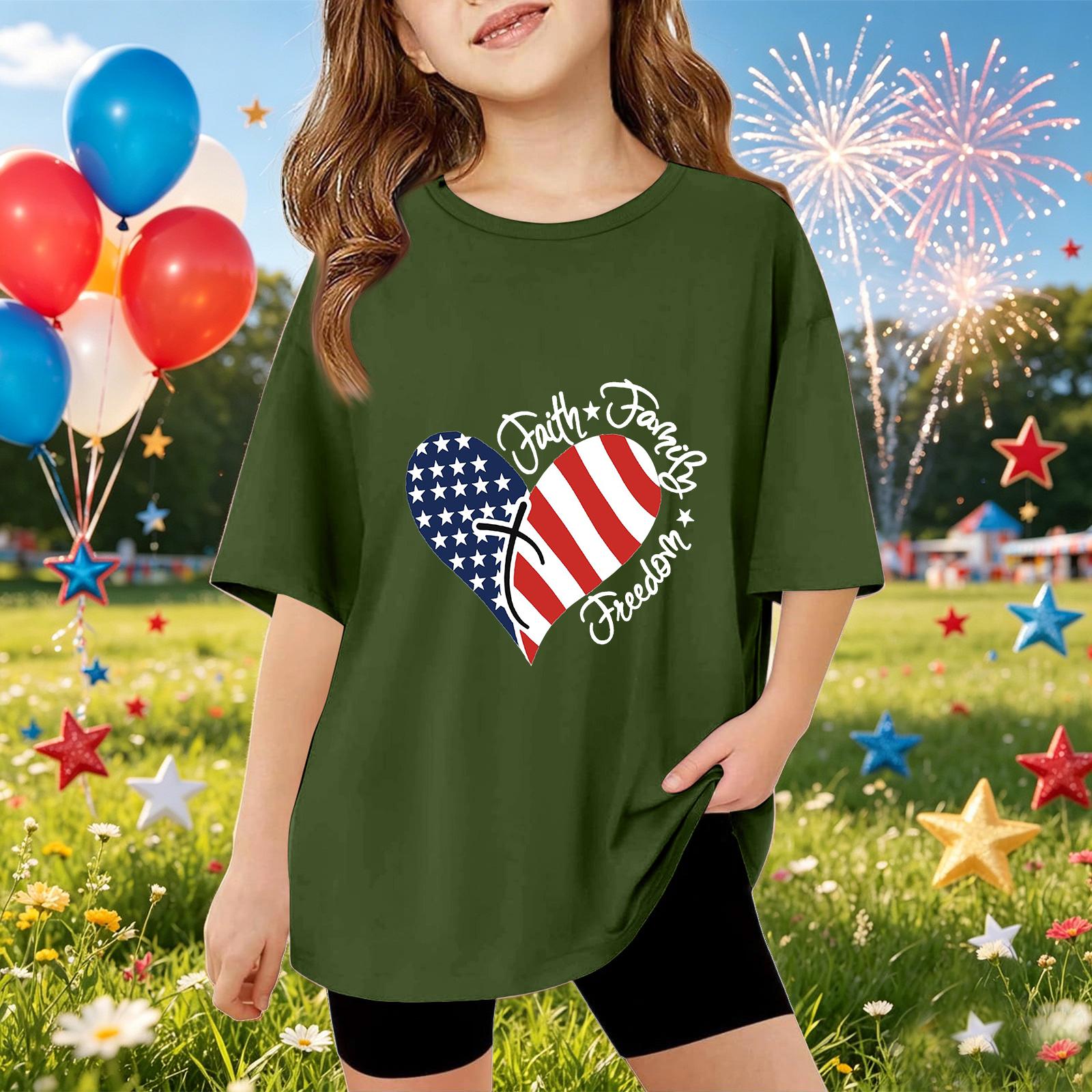 Kids Short Sleeve T Shirt Independence Day Graphic Tee Faith Family Freedom Printed Top Casual Fit Comfortable Fabric 150