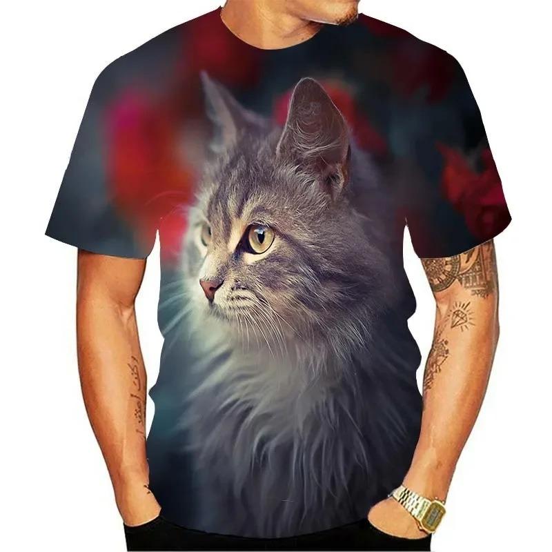 Cute Cat Pattern 3D Printed Adult Round Neck Fun Pet Unisex Short Sleeved T-shirt