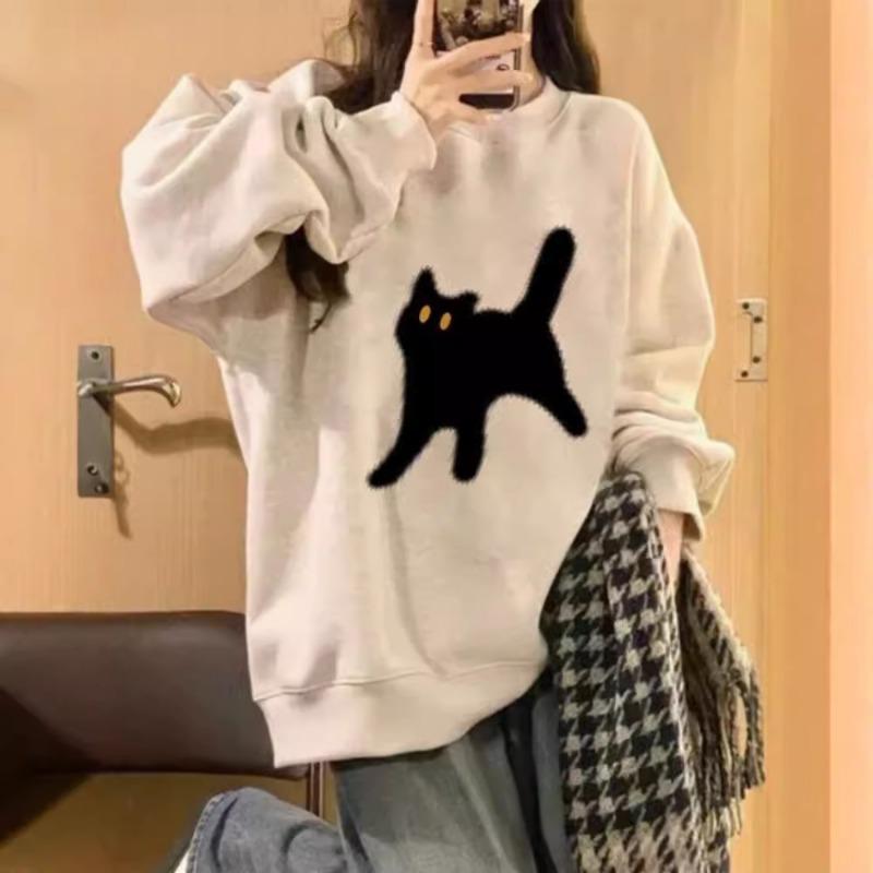 Spring Autumn Vintage Women's Loose Casual Cat Printing Sweatshirt Fashion Simple All-match Pullover Top Female