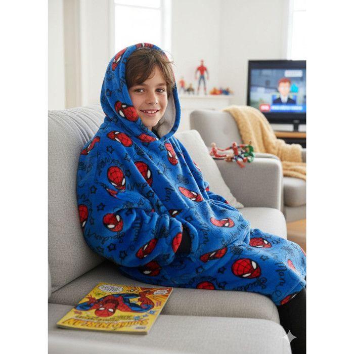 Plaid Hooded Fleece Poncho Spiderman - Soft Kids Blanket Sweatshirt (7-14 Years) - - Blue