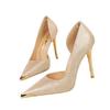 Scarpe Donna Stile Nazionale da Banchetto Tacchi Alti Tacco Sottile Bocca Bassa Laterali Vuote Raso Metallo Punta Appuntita Scarpe Singole