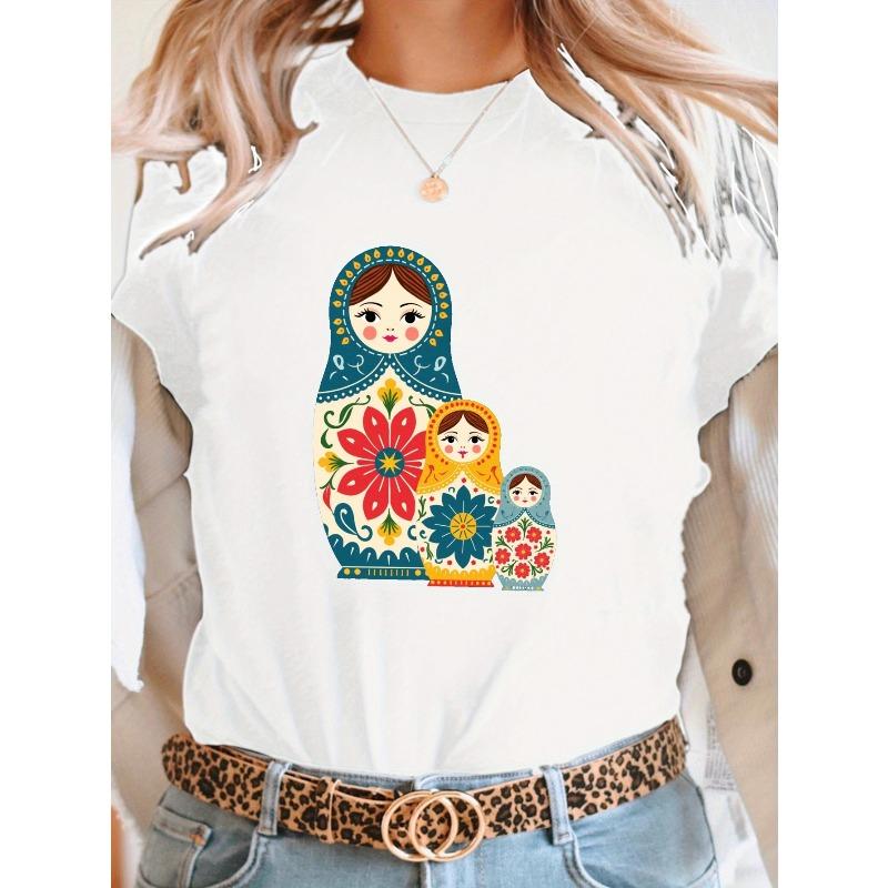 

Martrium Women s Russian Nesting Dolls Print T-Shirt Casual Crew Neck Short Sleeve Summer Top S белый