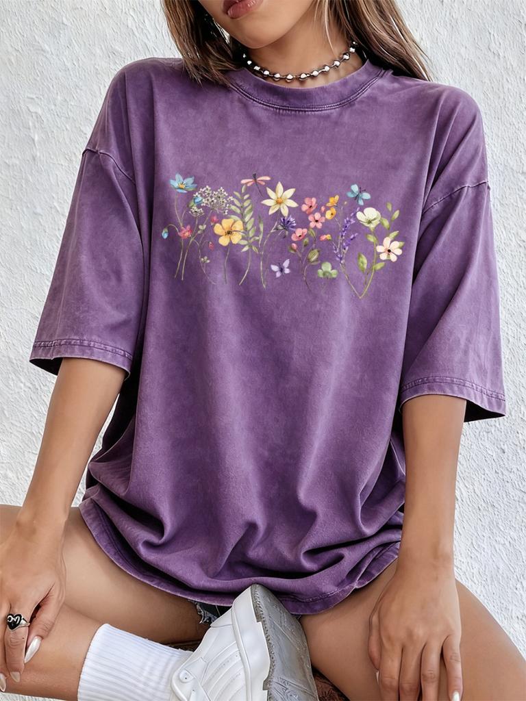 Flowers Butterflies Dragonflies Washed Cotton T-Shirts Womens Oversize T Shirts Casual Short Sleeve Summer O-Neck Tops