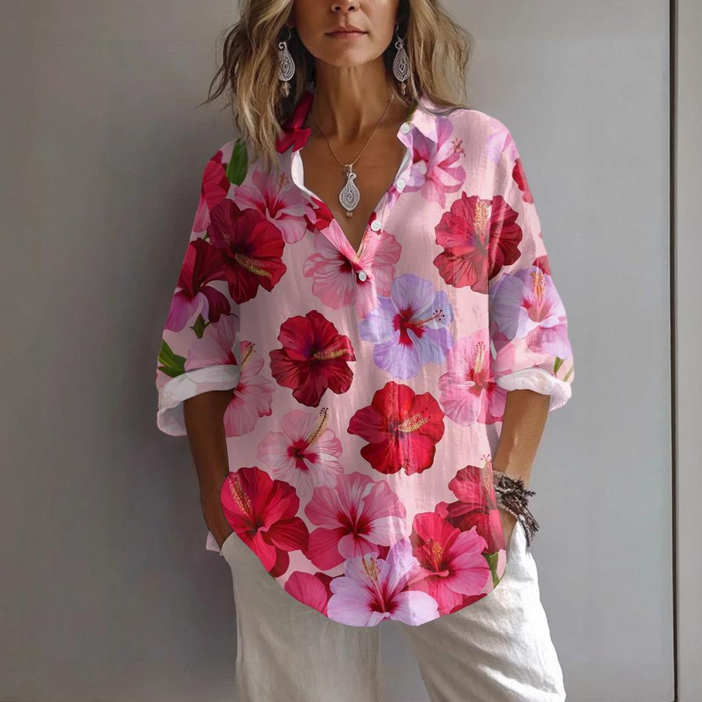 Women's Casual Spring And Summer Loose Printed Casual Sleeved Lapel Pullover Shirt