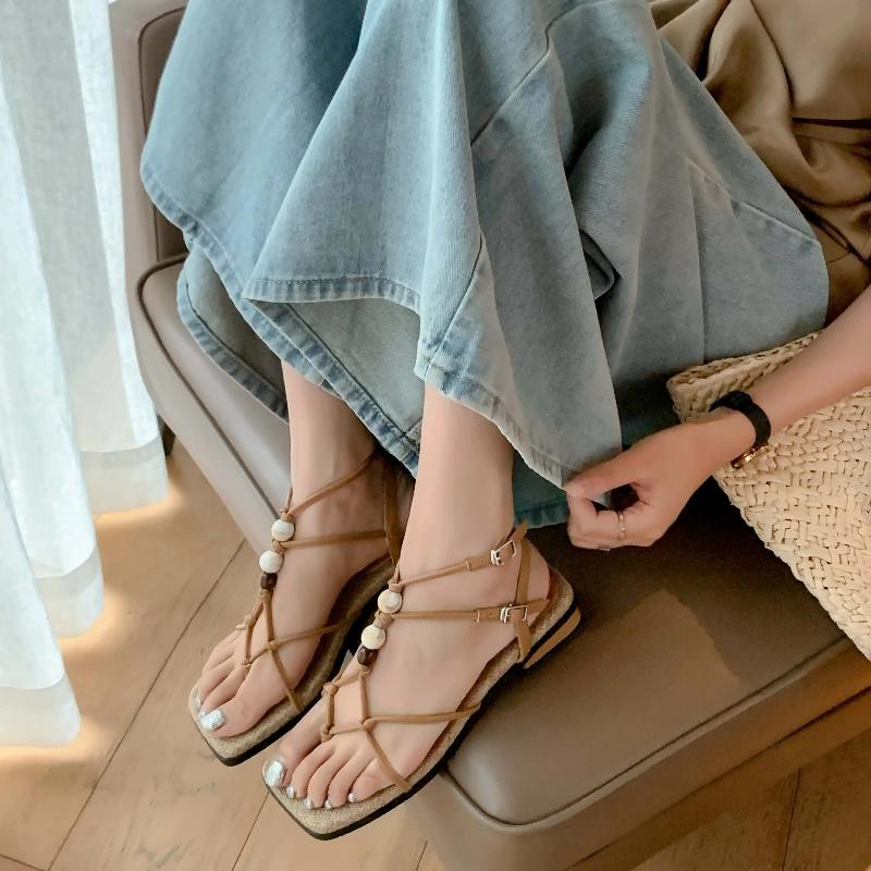 2025 New Superstar Med Heels Flip Flops Sweet Pearl Casual Slingback Comfort Summer Shoes Concise Gladiator Ins Women Sandals