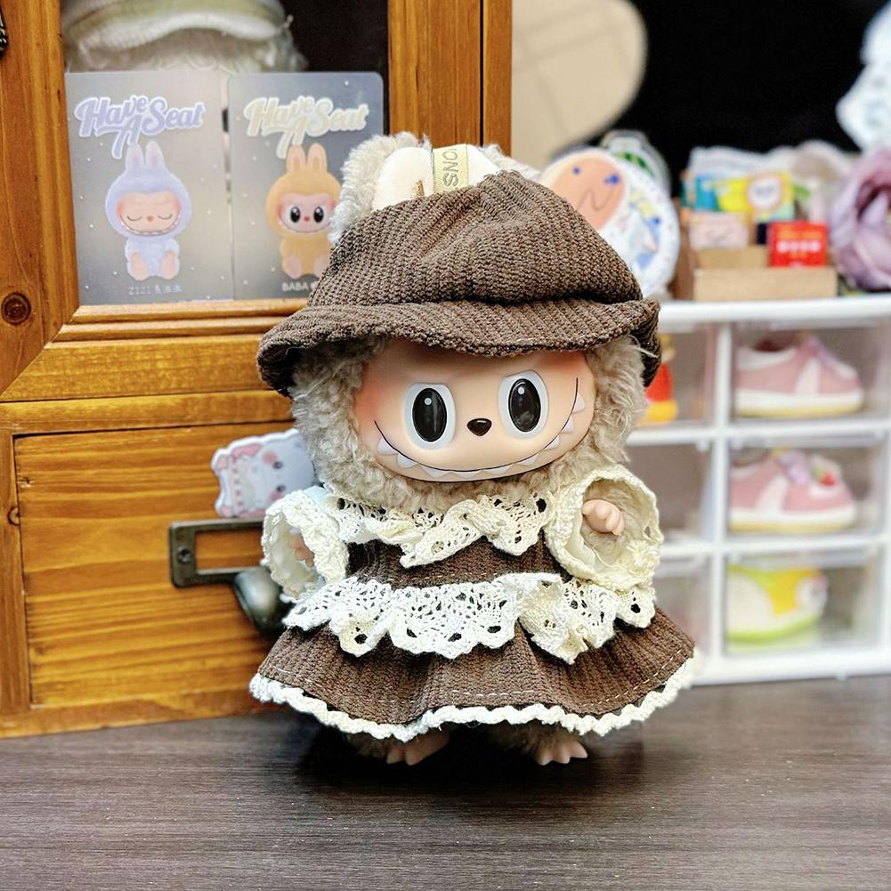 Doll Clothes Lace Stitching Brown Dress Suit Mini Fashionable Keychain Dolls Decoration Accessories for 17CM Labubu