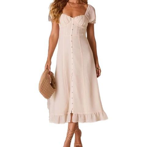 2026 Summer New French Temperament Square Neck Bubble Sleeve Cardigan Dress Women's Holiday Style Long Dress European and American Style