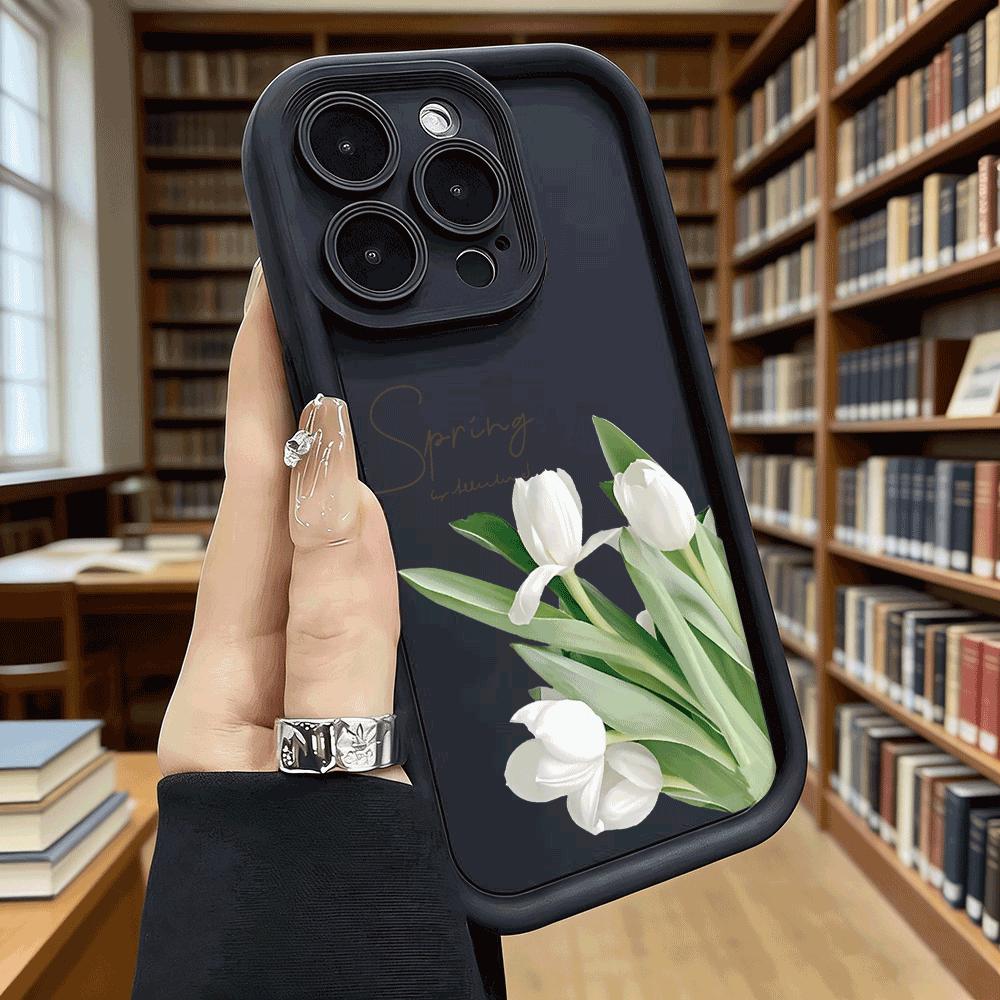 White Tulips with 'Spring' Text Soft TPU Phone Case for iPhone 17 16 15 14 13 12 11 Pro Max Plus Shockproof Anti-Slip Cover