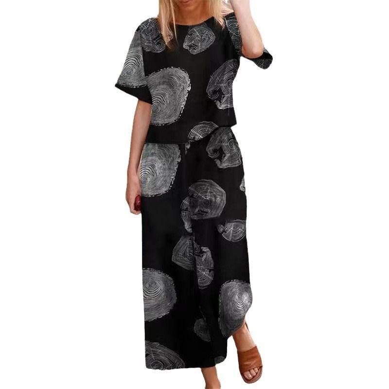 Summer Short-sleeved Cotton and Linen Two-piece Women's Casual Printed Trousers Suit