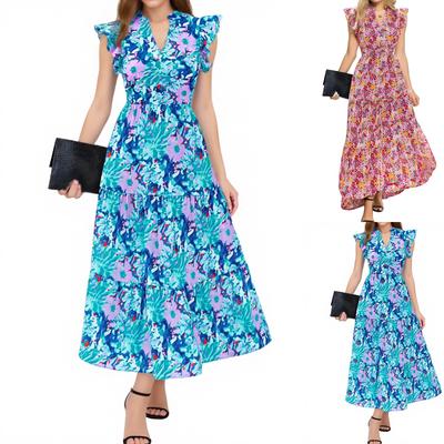 Damen V-Ausschnitt Plissiert Flatterärmel Bedrucktes Midikleid