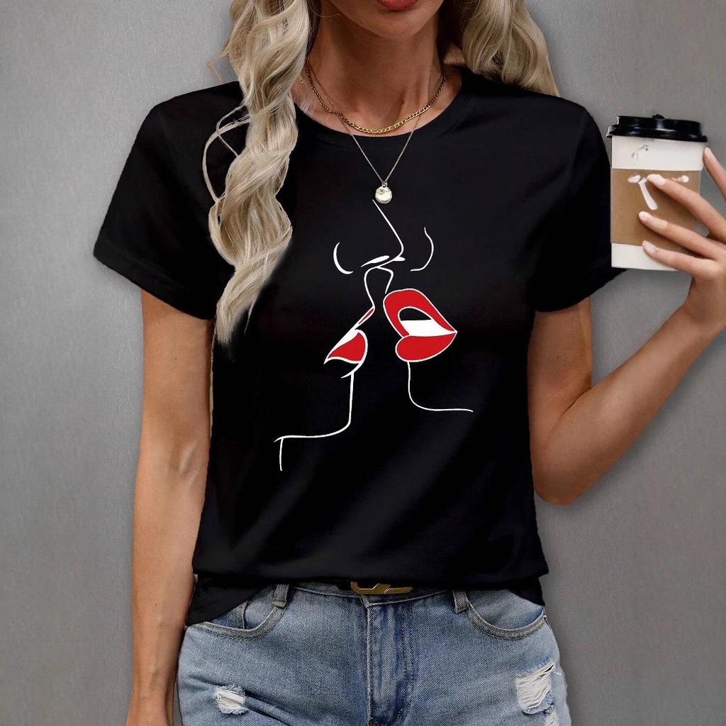 Summer Round Neck 3D Facial Depiction Pattern Print Top Fashionable Casual Short Sleeved Women's T-shirts