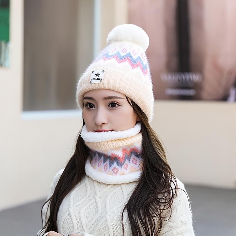 2pcs Winter Women'S Winter Hat and Scarf Set - Star Decoration Pink and White Striped Hat Soft Fleece, Elastic Stretch Fit, Comfortable Fleece Lining
