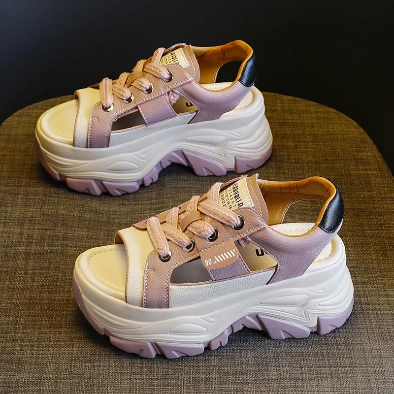 8cm Genuine Leathe Slippers Lace Up Hollow Multicolor Peep Toe Sandals Platform Wedge Ladies Women Summer White Slides Shoes