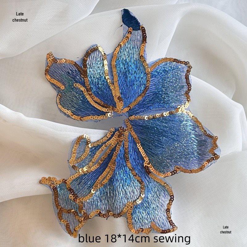 Embroidered Sequin Flower Patch for Hanfu Decoration - 18x14cm, Hand-Sewn DIY Accessory